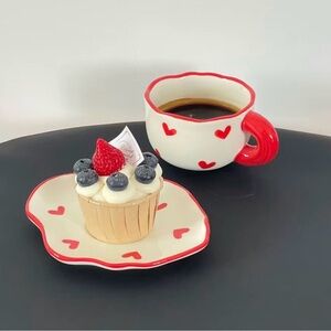Heart Patterned Red and White Mug and Saucer Set